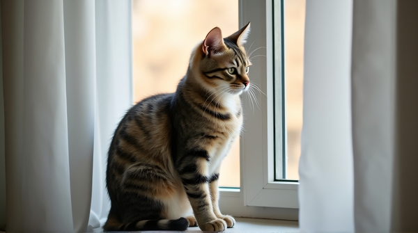 Cat perched by draped window, looking outside with attentive eyes and alert ears.