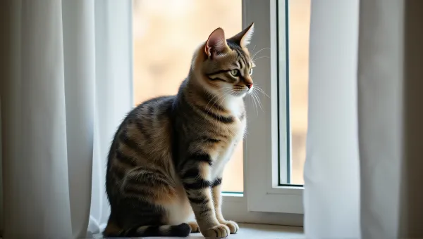 Cat Gazing Outside Through Drapes With Focused Expression