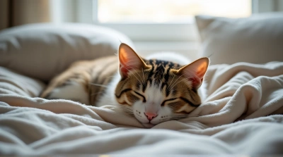 Cat Sleeping Calmly On Rumpled Blanket