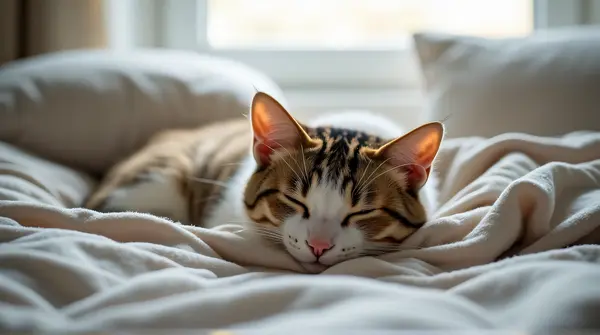 A cat sleeps peacefully on a rumpled blanket surrounded by soft pillows on a bed.