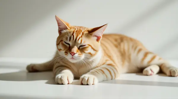 A cat stretched out with paws extended and eyes half-closed on a smooth surface surrounded by soft shadows.