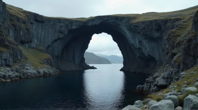 Cavern Entrance Near Dark Lake Under Cloudy Sky