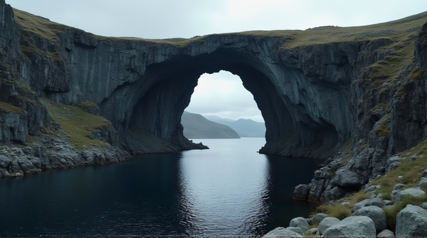Cavern Entrance Near Dark Lake Under Cloudy Sky