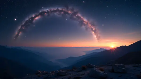 Long-exposure of celestial bodies creating vibrant arcs above a calm mountainous horizon at night