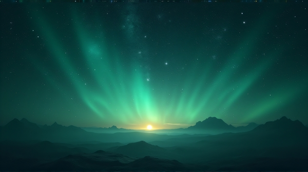 A vast celestial sky showcasing countless twinkling lights and a glowing horizon under a soft atmosphere.
