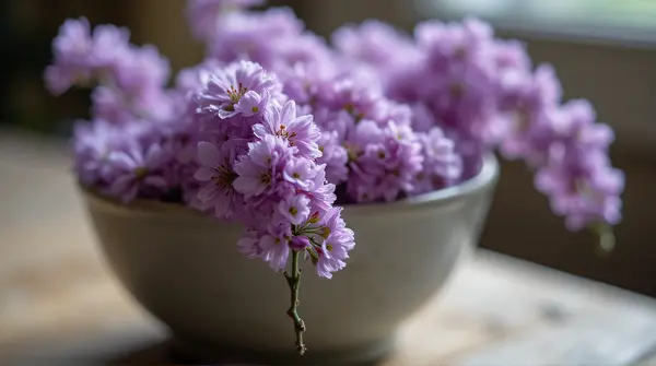 Ceramic Pot With Violet Blossoms On Rustic Table
