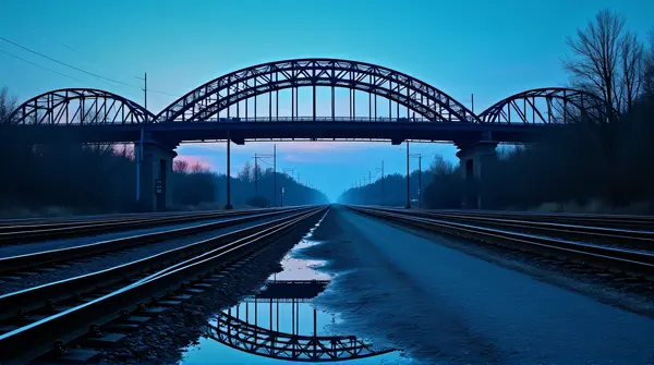 Cerulean Bridge Over Train Tracks At Twilight