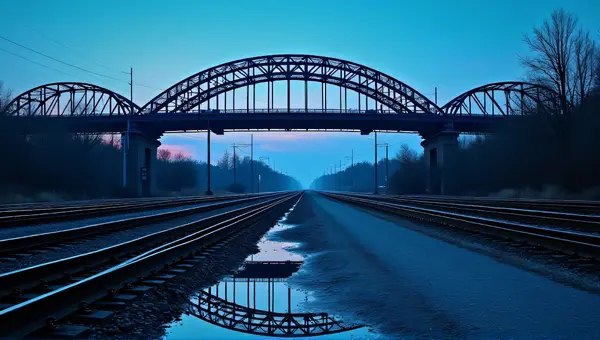 Cerulean Bridge Over Train Tracks At Twilight
