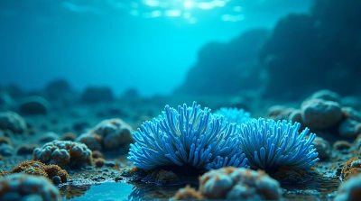 Cerulean Coral Cluster On Rocky Seabed