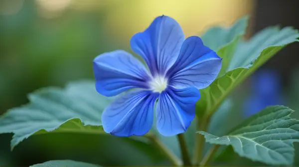 Close-up of a blue flower with detailed veined leaves against a soft garden background