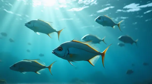 A side view of cerulean and ivory fish gliding through gentle currents with sunlight filtering through rippling surface.