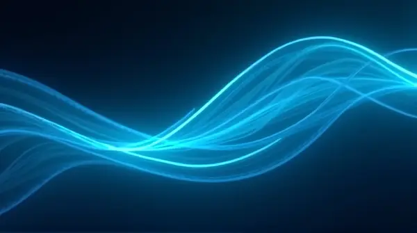 Glowing cerulean and pale trails weave diagonally across a dark background with varying thickness.