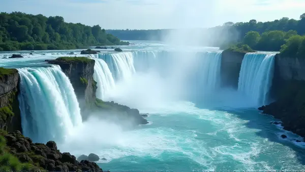 Cerulean Waterfalls Over Jagged Stone Ledges