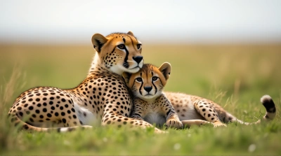 Cheetah With Cub Close-Up On Green Field