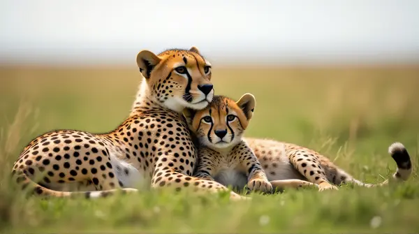 Cheetah With Cub Close-Up On Green Field