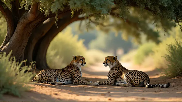 Cheetahs Relaxing Beneath Leafy Canopy In Shade