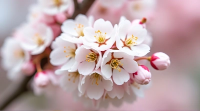Cherry Tree Blooms Close-Up With Soft Pink Petals