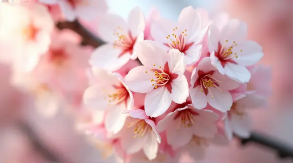 Close-up of pale pink and ivory cherry tree blossoms showing delicate textures under soft lighting.