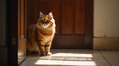 Chestnut Cat Standing Near Wooden Door