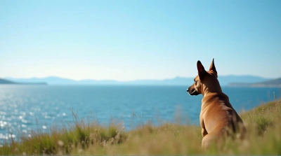 Chestnut Dog Gazing Over Lake In Soft Afternoon Light