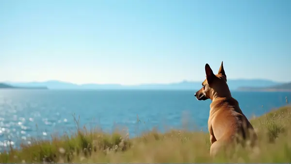 Chestnut Dog Gazing Over Lake In Soft Afternoon Light