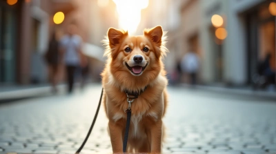 Chestnut Dog On Leash Urban Street View
