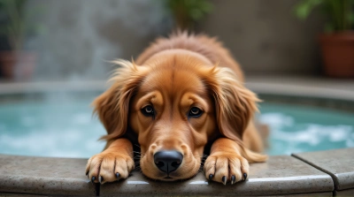 Chestnut Dog Resting By Steaming Spa Tub