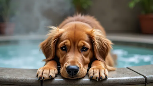 Chestnut Dog Resting By Steaming Spa Tub