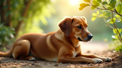 Chestnut Dog Resting In Dappled Sunlight