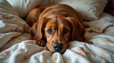 Chestnut Dog Resting on Patterned Bedding