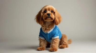 Chestnut Dog Wearing Blue White Shirt Portrait