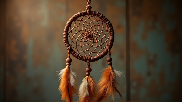 Circular chestnut dream catcher with detailed woven patterns against a blurred rustic background