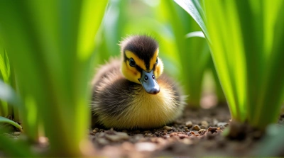 Chestnut Duckling Nestled in Lush Foliage