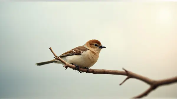 A cream and chestnut feathered bird resting on a twisted twig against a softly blurred sky.