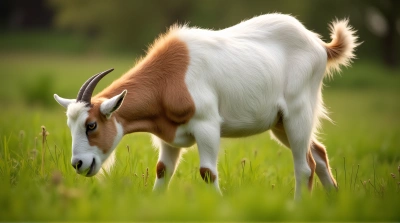Chestnut Fur Goat Grazing On Meadow Grass