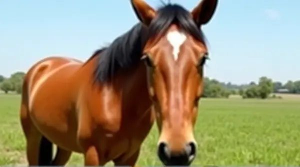 Side view of a chestnut horse with a pale forehead mark standing in a grassy field under clear sky