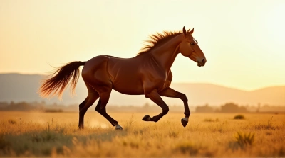 Chestnut Horse Galloping Across Meadow Landscape