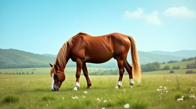 Chestnut Horse Grazing On Lush Meadow