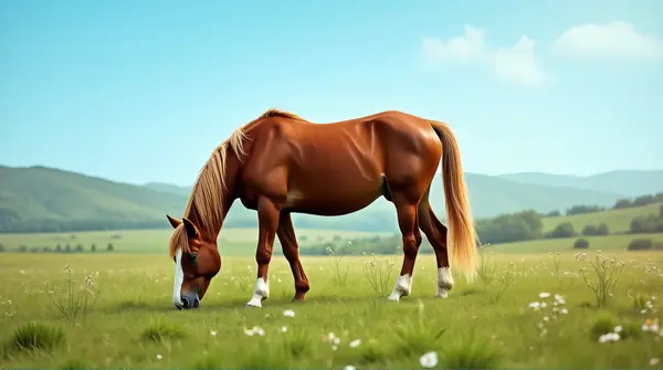 Chestnut Horse Grazing On Lush Meadow