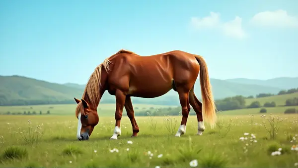 Chestnut Horse Grazing On Lush Meadow
