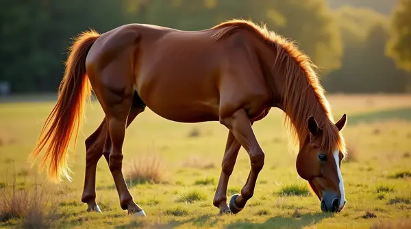 Chestnut Horse Grazing In Pasture Landscape