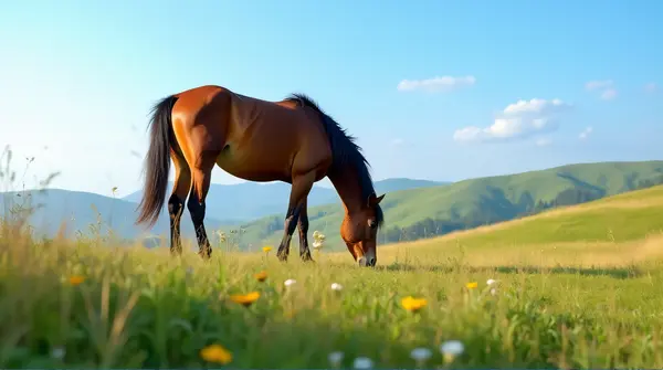 Chestnut Horse Grazing On Vibrant Meadow Landscape