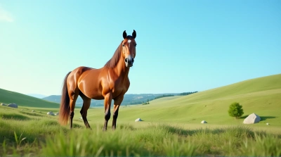 Chestnut Horse On Rolling Green Hills Morning