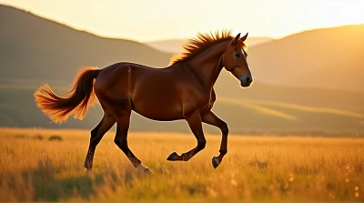 Chestnut Horse Trotting Across Open Pasture
