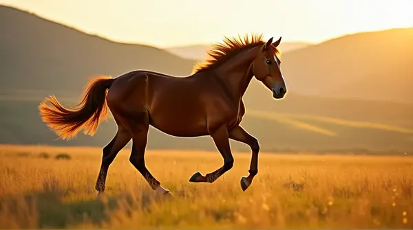 Chestnut horse trotting across a sun-dappled open pasture with rolling hills in the background