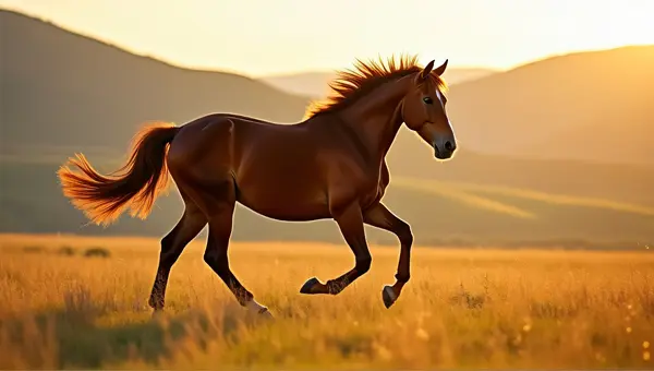 Chestnut Horse Trotting Across Open Pasture