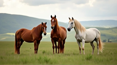 Chestnut Horses Grazing In Green Pasture
