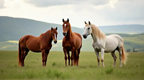 Chestnut Horses Grazing In Green Pasture