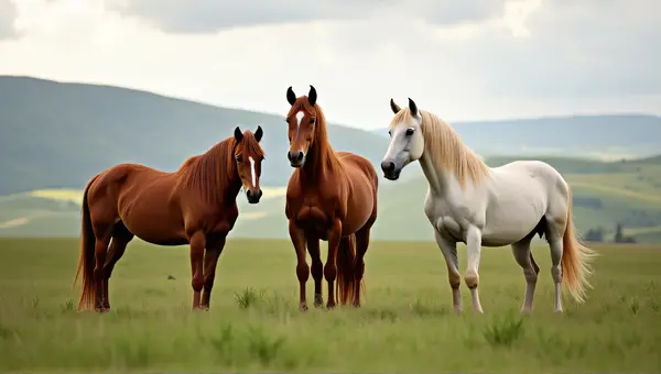 Chestnut Horses Grazing In Green Pasture