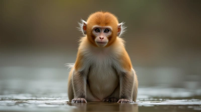 Chestnut Primate Sitting On Reflective Surface